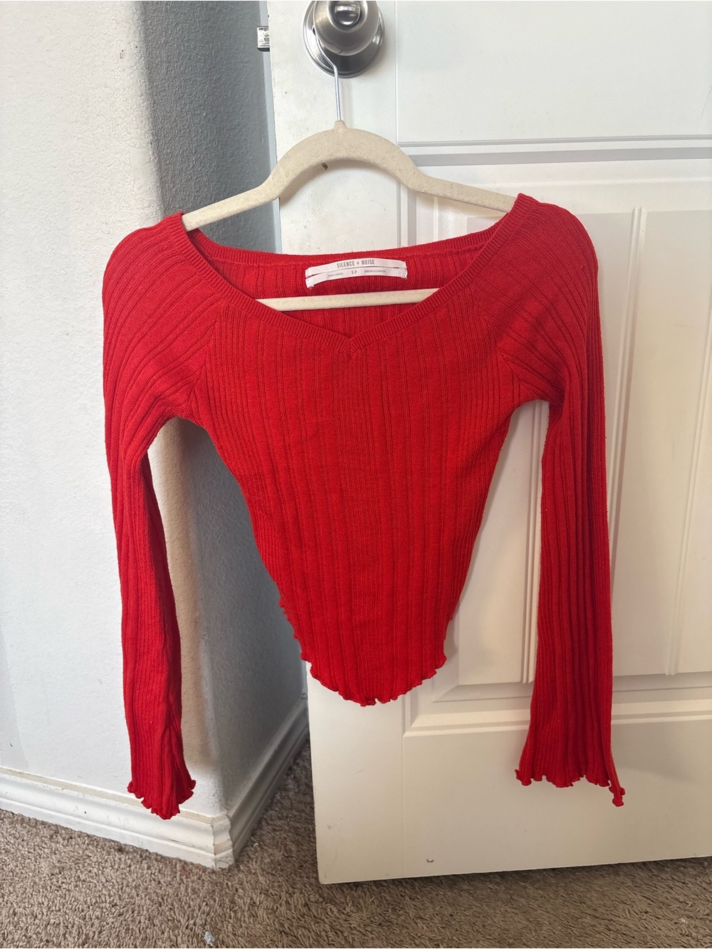 silence + noise Red Ribbed Long Sleeve V-Neck Top